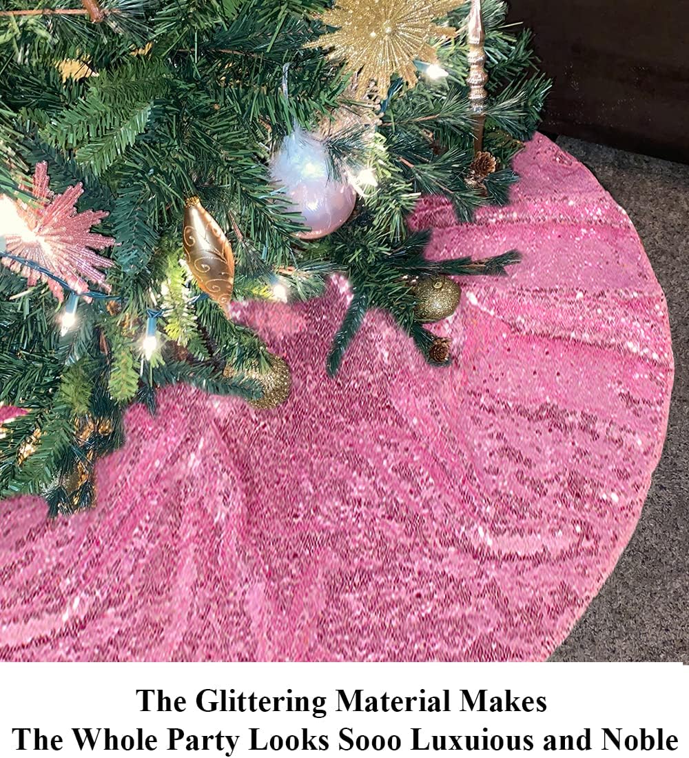 Partisout Sequin Christmas Tree Skirt - Glitter Cotton Colorful for Halloween (24 Inch, Fuchsia Pink)