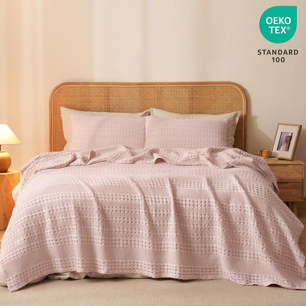 PHF 100% Cotton Waffle Weave Blanket Twin Size, Soft Lightweight Breathable Cozy Summer Blankets for Bed, Luxury Aesthetic Woven Bedding for Home Decor, 66"x90", Pink/Mauve
