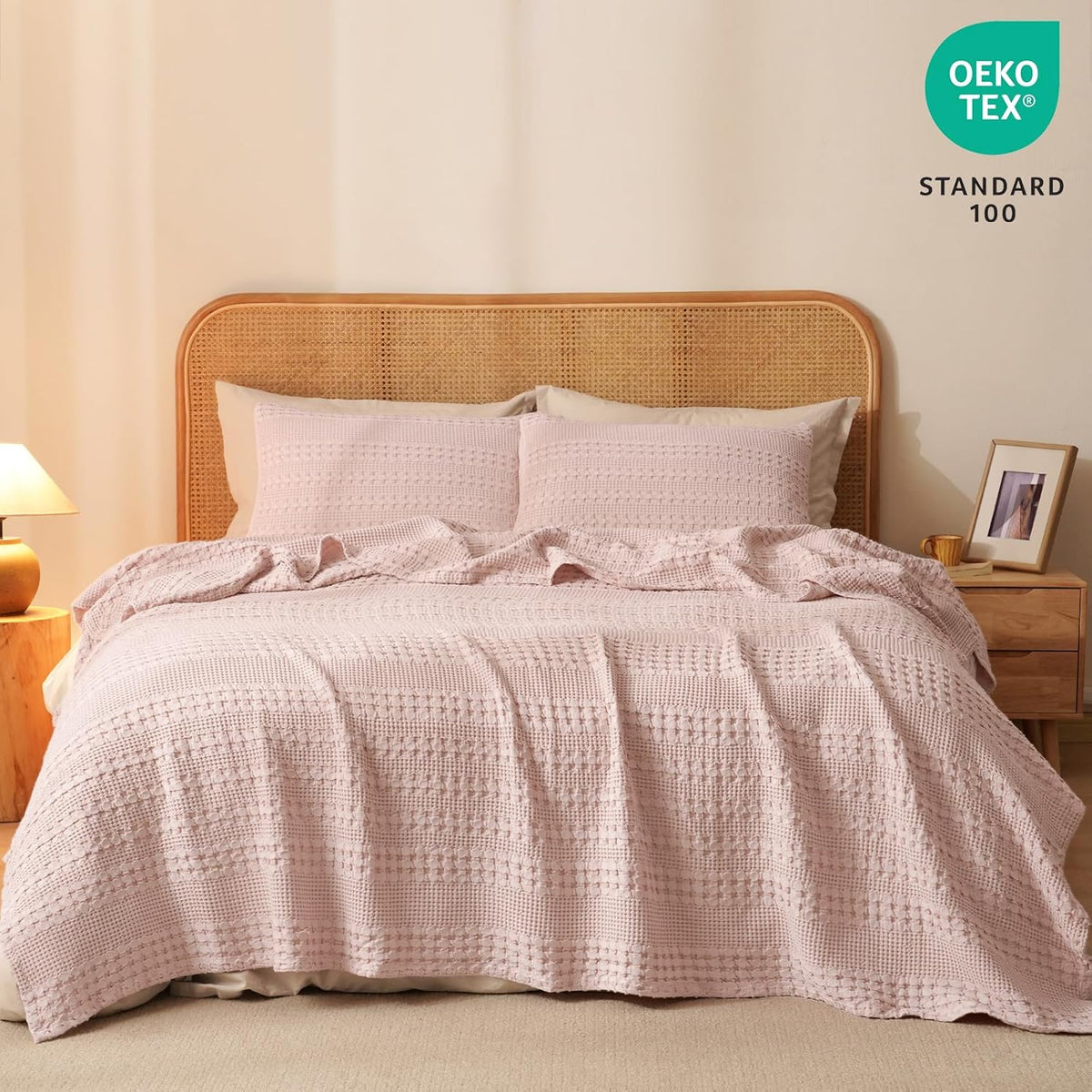 PHF 100% Cotton Waffle Weave Blanket Twin Size, Soft Lightweight Breathable Cozy Summer Blankets for Bed, Luxury Aesthetic Woven Bedding for Home Decor, 66"x90", Pink/Mauve