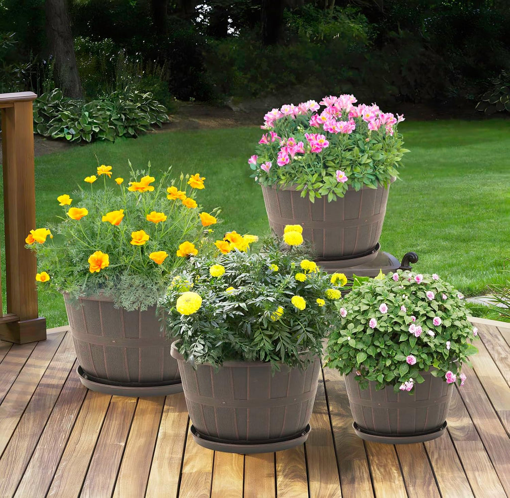 Quarut 12 Inch Large Planter Pot for Plants Indoor Outdoor, 4 Pack Plastic Flower Pots with Drainage Hole & Tray, Modern Decorative Garden Pot with Saucer, Plant Container for House（Brown）