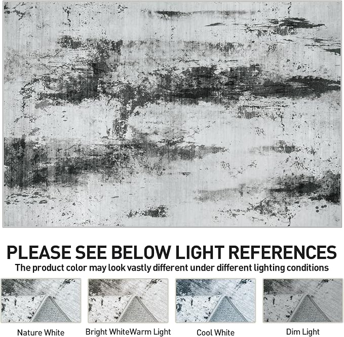 8x10 Area Rugs for Living Room: Washable Abstract Black White Grey Carpet | - Image 8