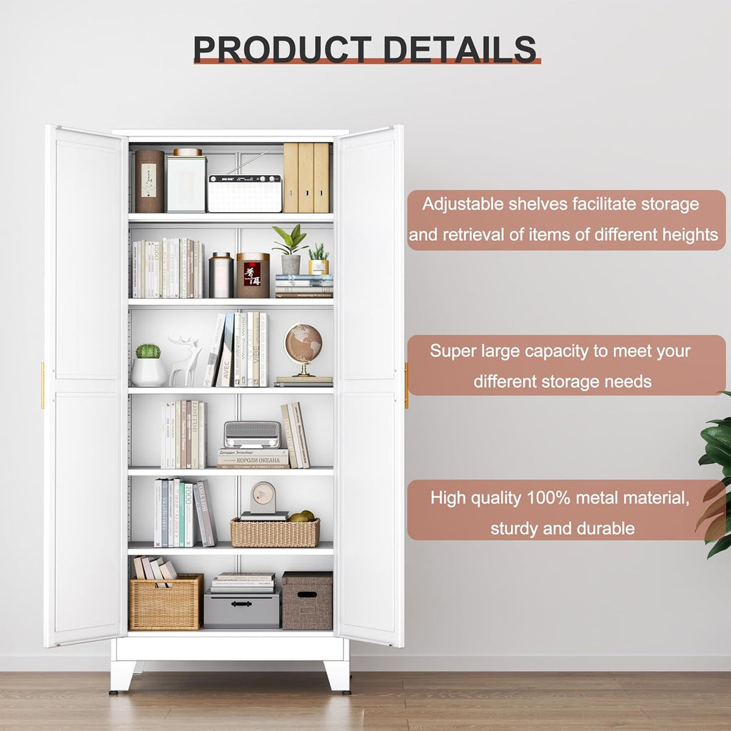 Kitchen Pantry Storage Cabinet with Doors and Adjustable Shelves, Metal ClosetMaid Food Pantry Cabinets, 75" Tall Freestanding Cupboard for Kitchen, Laundry or Utility Room, White