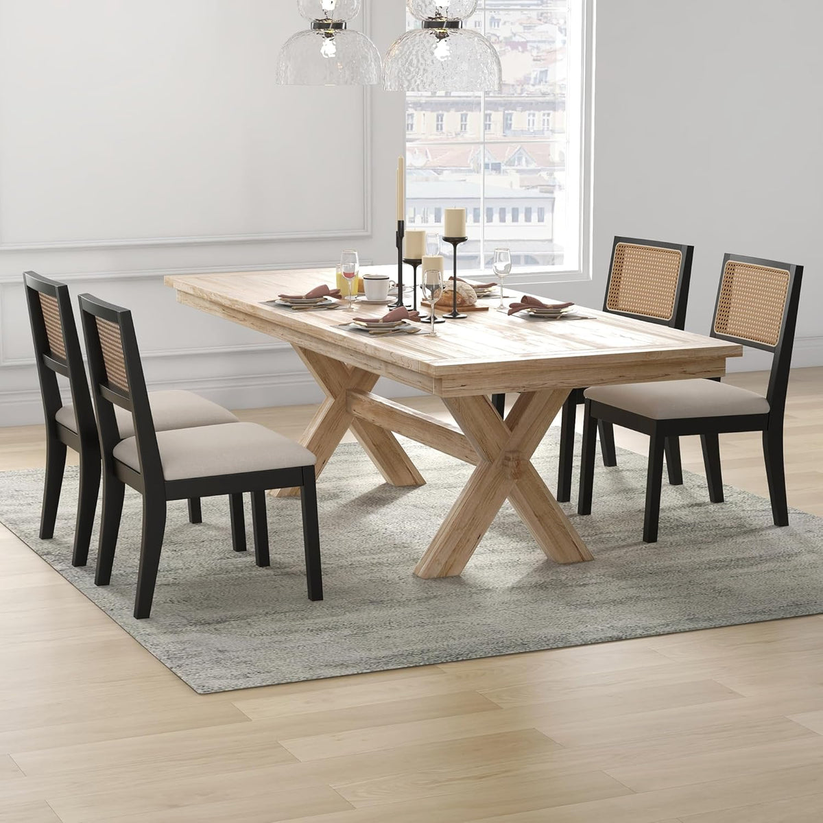 Westice Rattan Dining Chairs Set of 6, Farmhouse Natural Dining Room Chairs with Upholstered Cushion, Wood Armless Chairs for Kitchen/Restaurant, Black
