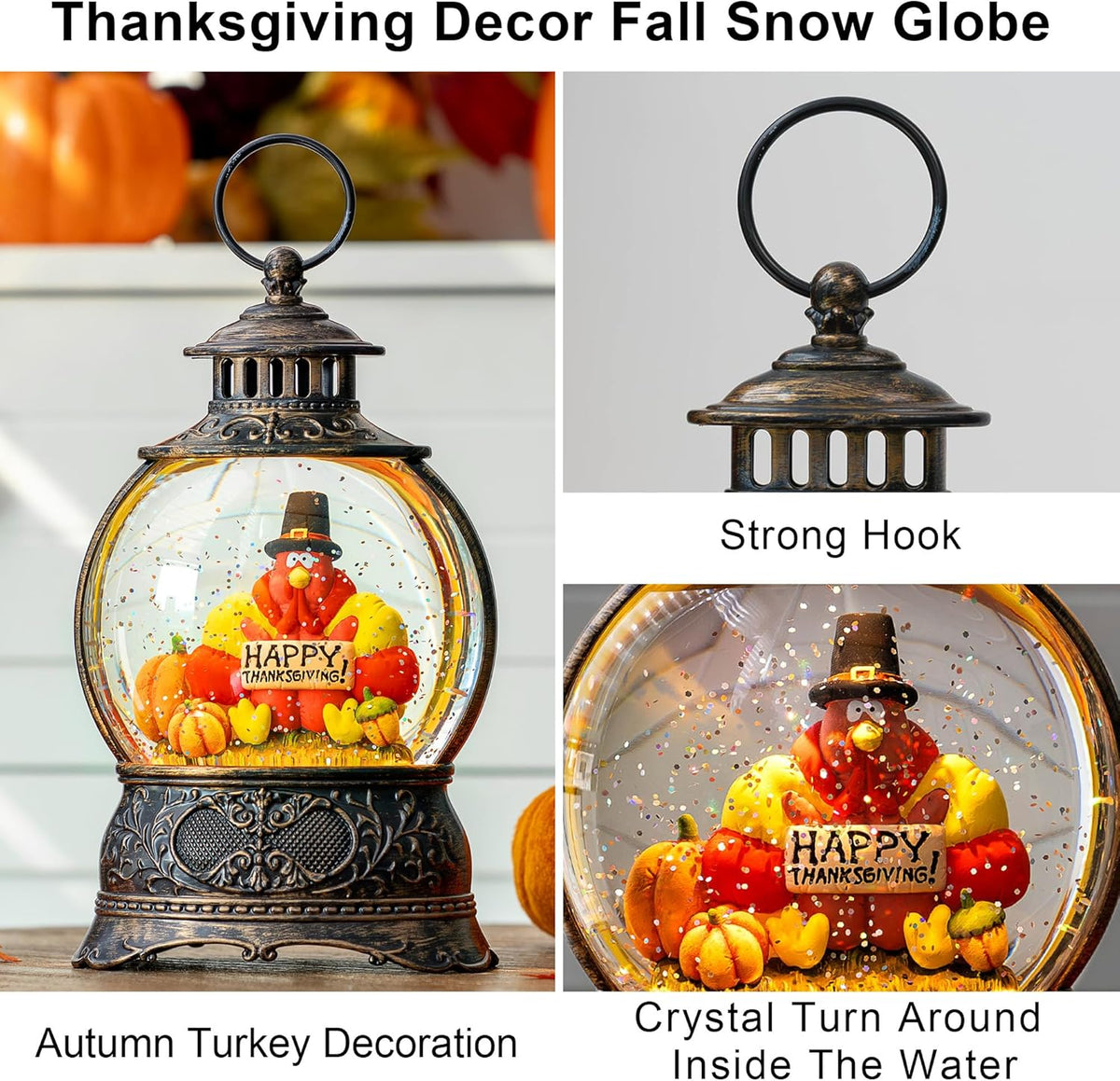 Fall Snow Globe Lantern with Autumn Turkey and Pumpkins Thanksgiving LED Decor for Home, Indoor Tabletop Centerpiece with Glitter Flakes, Harvest Light Decorations