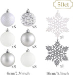 Valery Madelyn Christmas Tree Decorations Ornament Set for Fall Halloween, 50ct 2.36 Inches White and Silver Shatterproof Christmas Ball Ornaments Hanging Xmas Holiday Party Decor