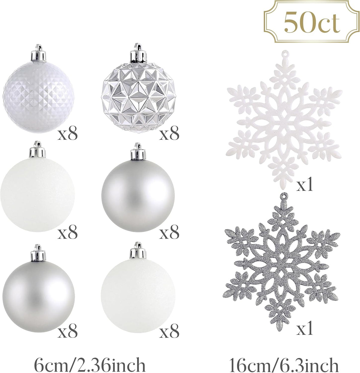 Valery Madelyn Christmas Tree Decorations Ornament Set for Fall Halloween, 50ct 2.36 Inches White and Silver Shatterproof Christmas Ball Ornaments Hanging Xmas Holiday Party Decor