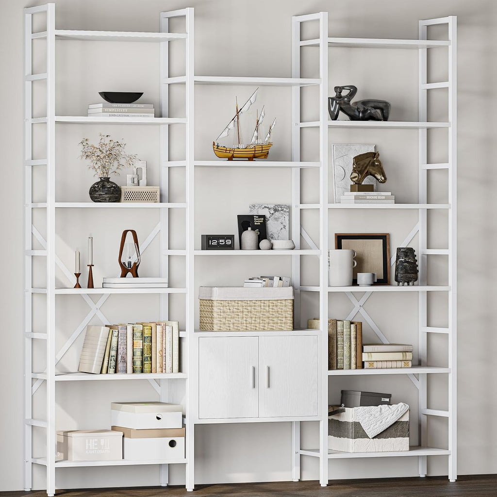 70x78 “ Triple 6 Tier Book Shelf, Industrial Large Bookcase with Storage Cabinet, Tall Bookshelf with 16 Open Display Shelves Metal Frame Furniture for Living Room Bedroom Home Office White