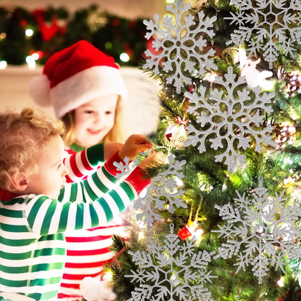 6pcs Large Silver Snowflakes Ornaments 12” Big Plastic Glitter Snowflake for Winter Indoor Outdoor Christmas Tree Window Room Decorations Giant Craft Snowflakes