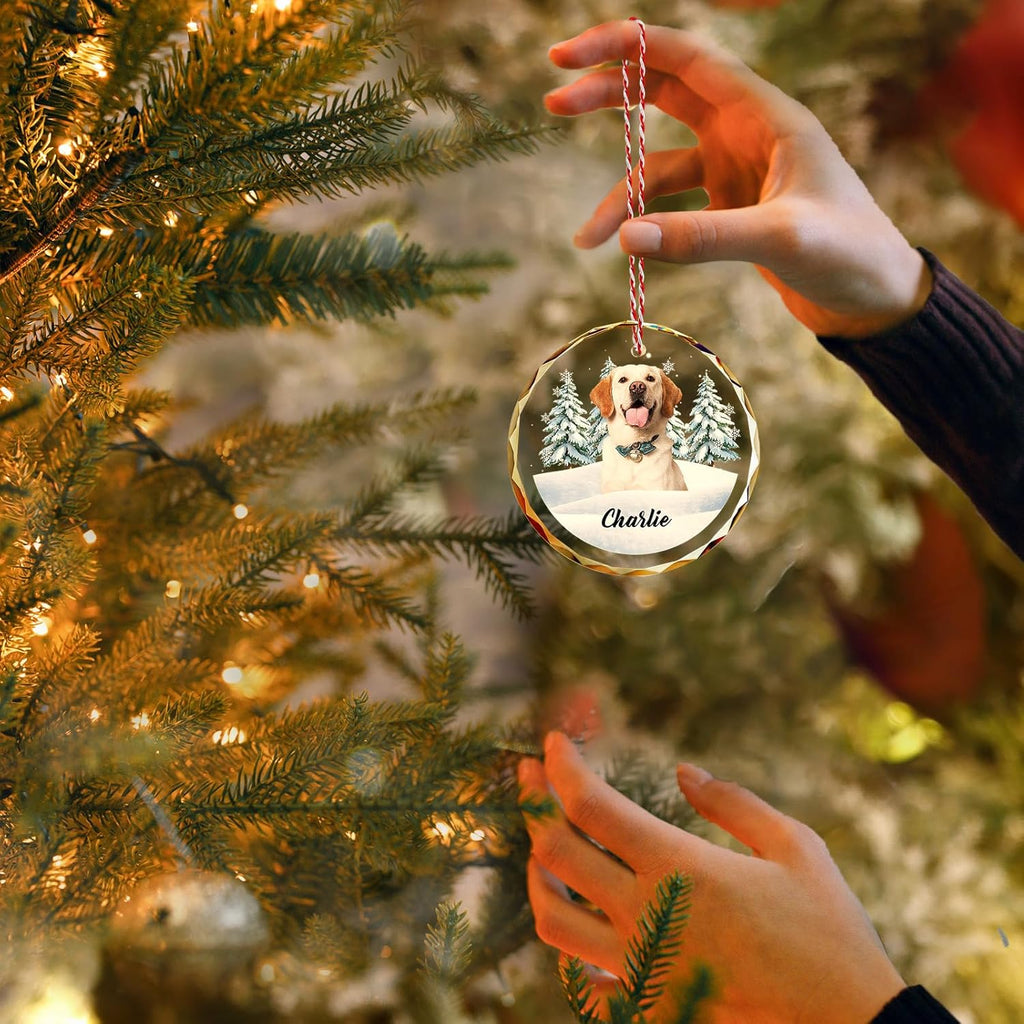 Custom Pet Christmas Ornament with Photo – Personalized Crystal Dog Cat Memorial Gift – Snow Scene Holiday Decor