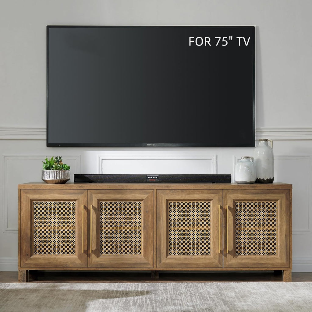 JYED Mid Century Modern TV Stand for TVs up to 75 Inch, with Hollow Metal Mesh Decorated，Boho TV Console with Storage Cabinet,Cable Holes, TV Stand for Living Room, 69.5"x15.6"x24.8", Rustic