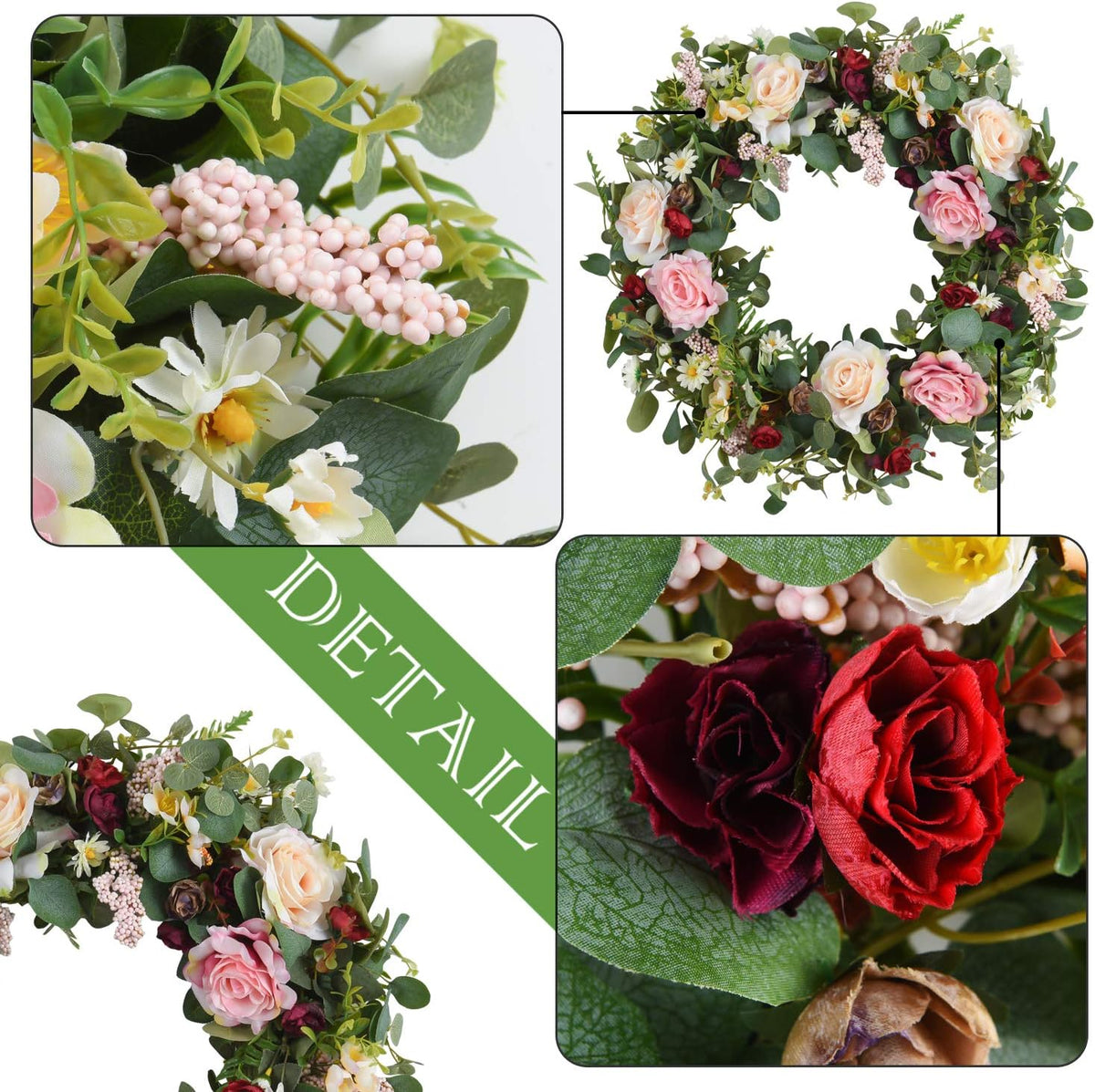WANNA-CUL 24 Inch Large Spring Rose Wreaths for Front Door,Spring Front Door Wreath with Pink and Wine Red Floral Door Wreath with Eucalyptus Leaves for Wedding or Indoor&Outdoor Decorations