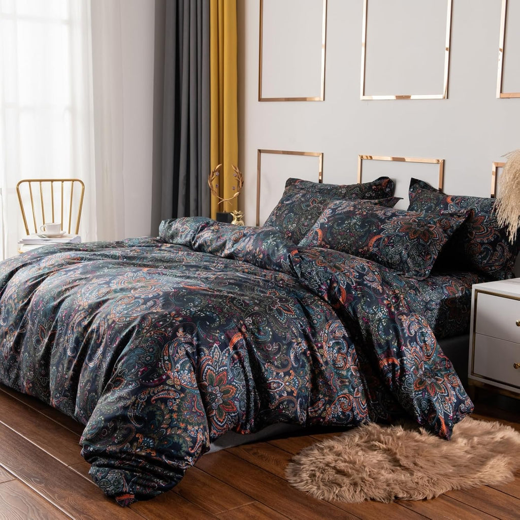 ABREEZE Luxury Vintage Black Duvet Cover Sets Damask Paisley Bedding Set Retro 100% Brushed Cotton Zipper Closure Bedding Collection Queen Size