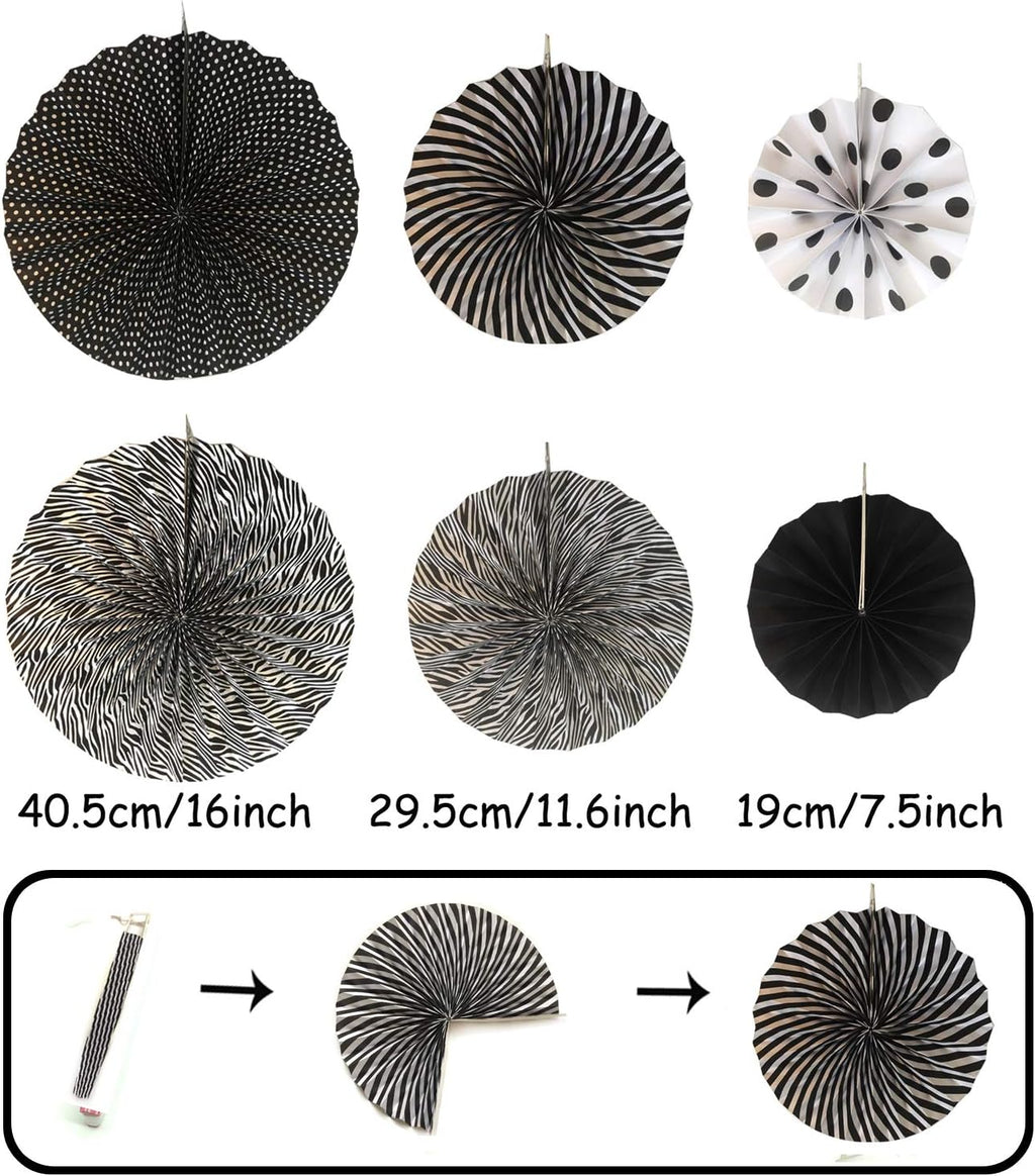 ZERODECO Party Decoration, 21 Pcs Black and Gold Hanging Paper Fans, Pom Poms Flowers, Garlands String Polka Dot and Triangle Bunting Flags for Birthday Parties Wedding Décor, Table & Wall Decorations