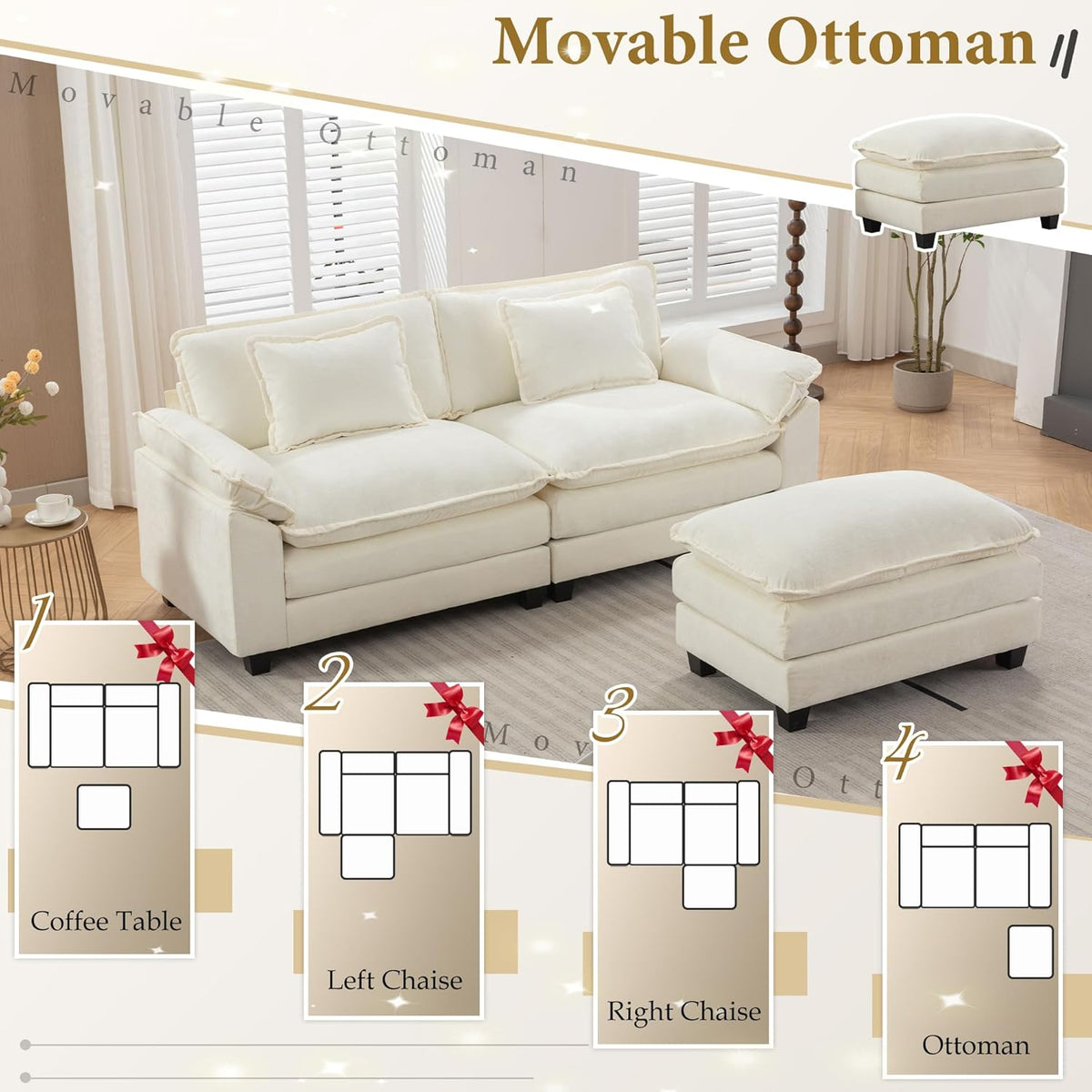 URRED Modular Sectional Sofa Comfy Cloud Couch, Modern Chenille Sofa Sleeper Deep Seat Couches with Ottoman/Pillows for Living Room (White, 82.6''- L Shape)