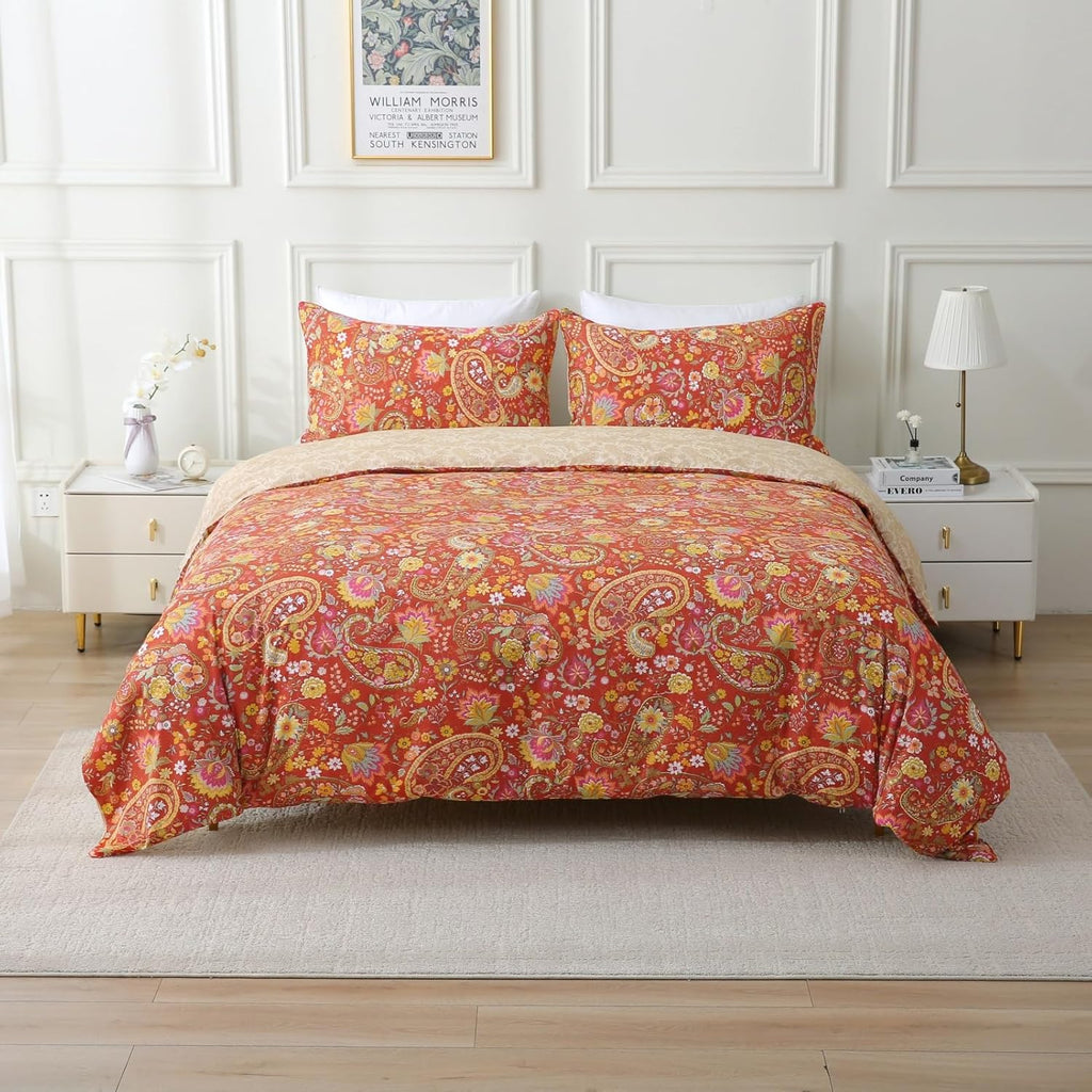 ABREEZE Paisley Bedding Sets 3Pcs Brushed Cotton Duvet Cover Set Queen Size Rustic Damask Red Floral Comforter Cover with Zipper Closure Boho Bedding Collections