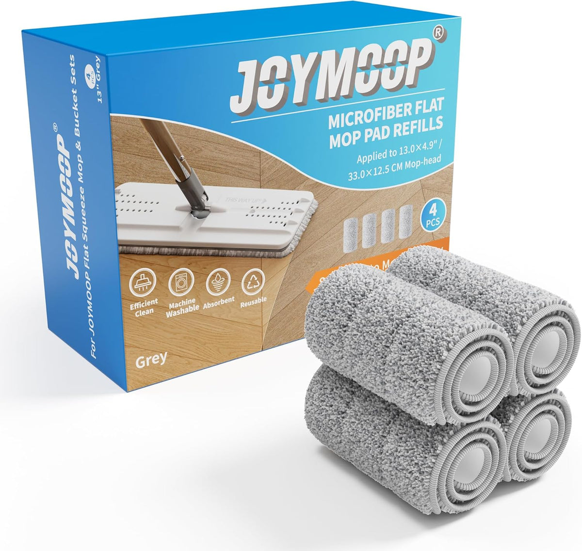 JOYMOOP Flat Mop Pads, Microfiber Mop Cleaning Pads, Washable Pads, Pads Replacement for Flat Mop or Mop Bucket Set, Pack of 4 Refills 13inch - Grey