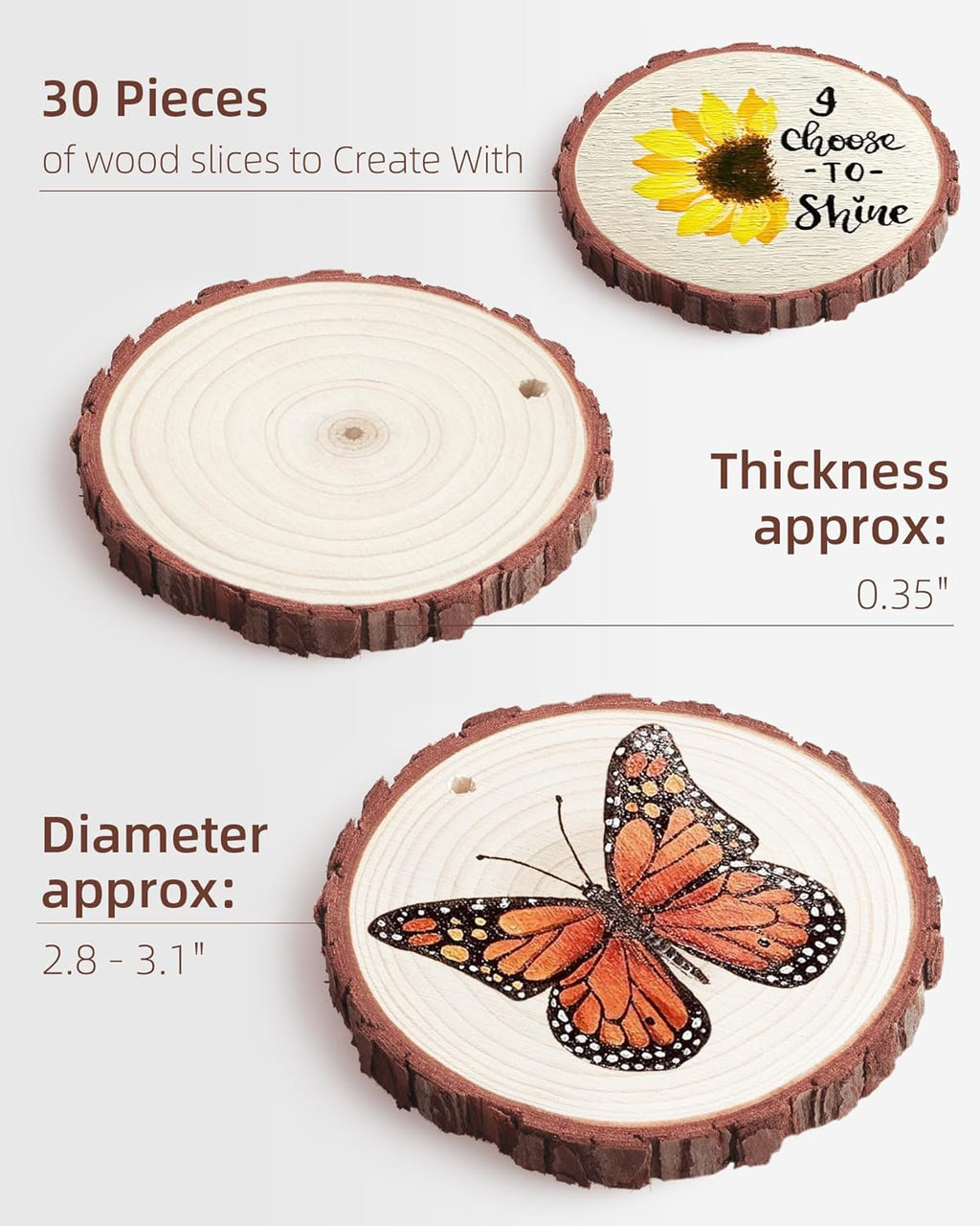Unfinished Wood Slices with Hole, Natural Wood Circles Blank with Bark for DIY Crafts, Home Decor, Christmas Ornaments (30Pcs, 2.8-3.1 Inch)