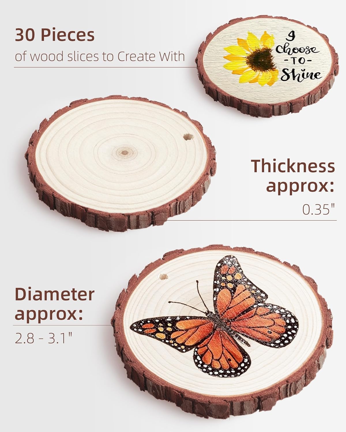 Unfinished Wood Slices with Hole, Natural Wood Circles Blank with Bark for DIY Crafts, Home Decor, Christmas Ornaments (30Pcs, 2.8-3.1 Inch)