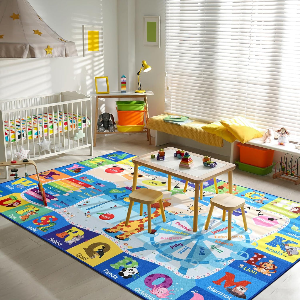 Kids Rugs for Playroom Washable, Educational and Fun Learning Rugs with ABC Alphabet Animals Shapes, Baby Toddler Children's Play Mat for Bedroom Classroom Nursery, 3x5 Feet, Blue