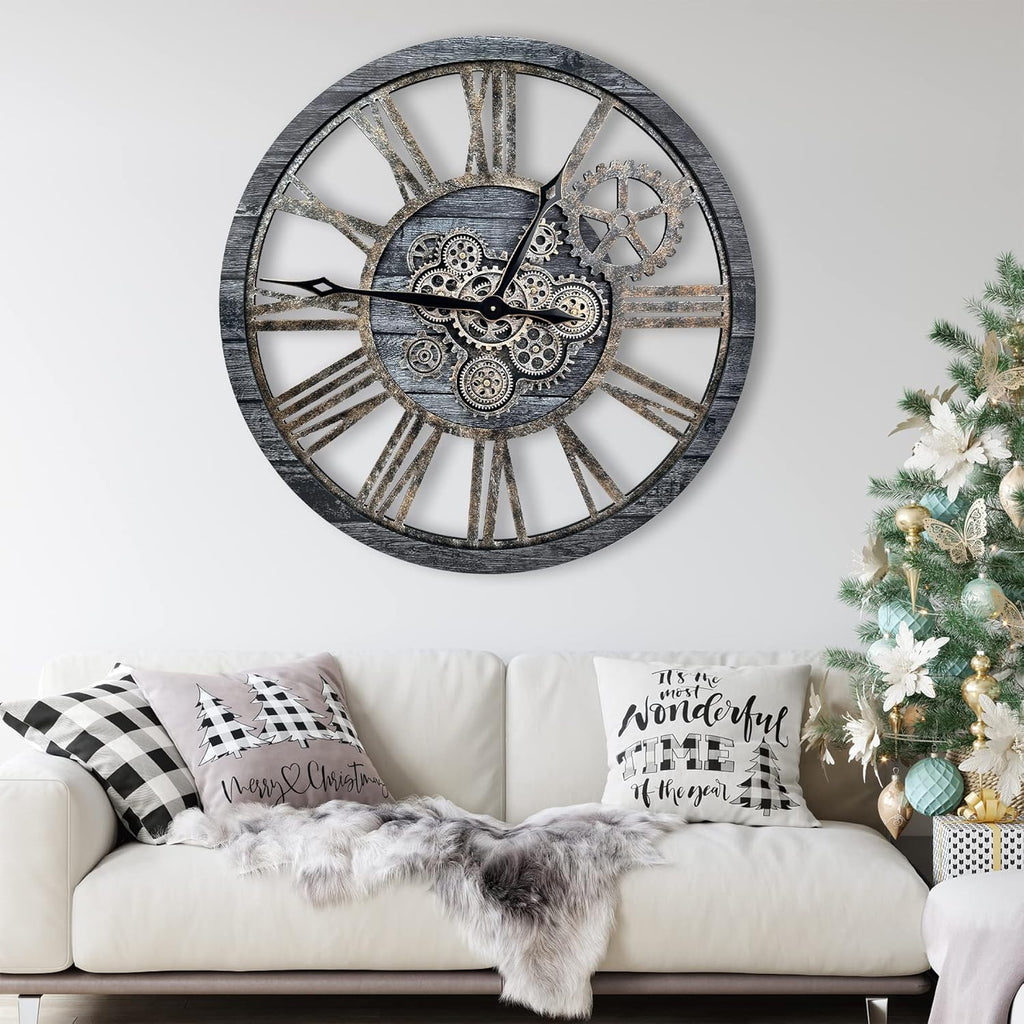 The B-Style Large Real Moving Gears Wall Clock 30 inch Rustic Retro Industrial Farmhouse Wood Clock Oversized Decorative Vintage Wall Clocks for Living Room (Carbon Gray)