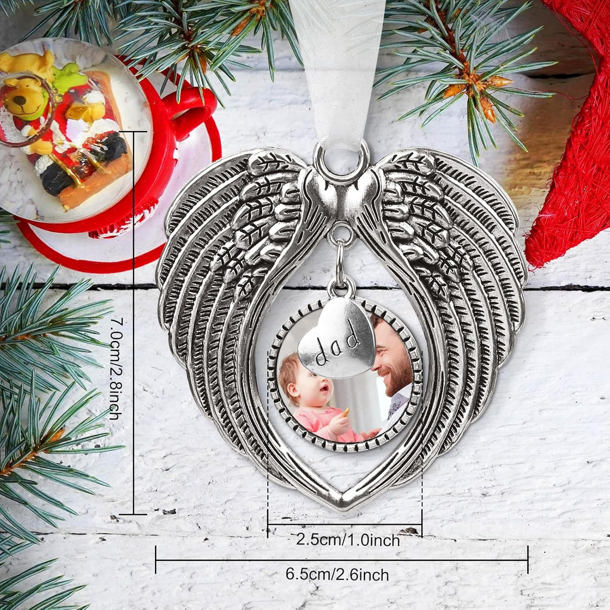 Christmas Ornaments Angel Wings with Custom Photo Frame for Loss of Loved One Remembrance Keepsake with Silk Ribbon & Red Gift Box