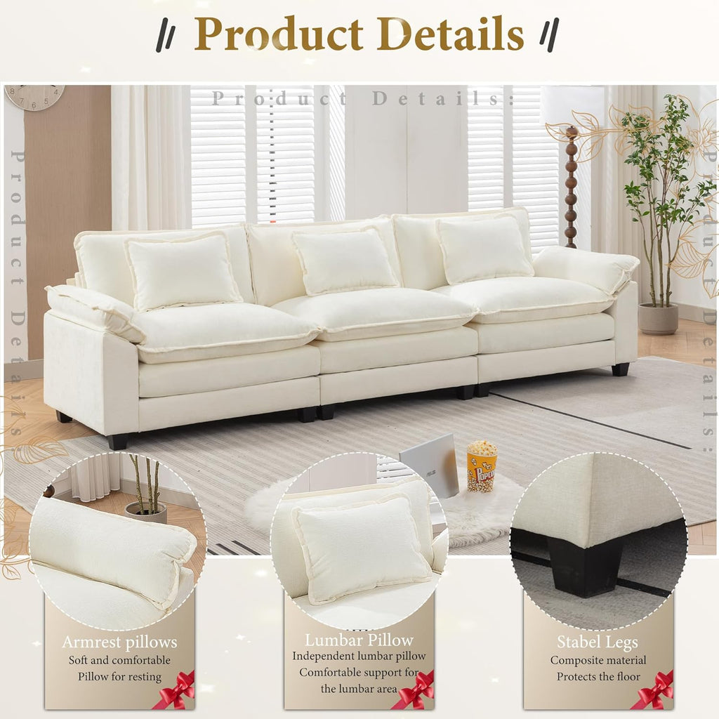 URRED Modular Sectional Sofa Comfy Cloud Couch, Modern Chenille Sofa Sleeper Deep Seat Couches with Ottoman/Pillows for Living Room (White, 117'')