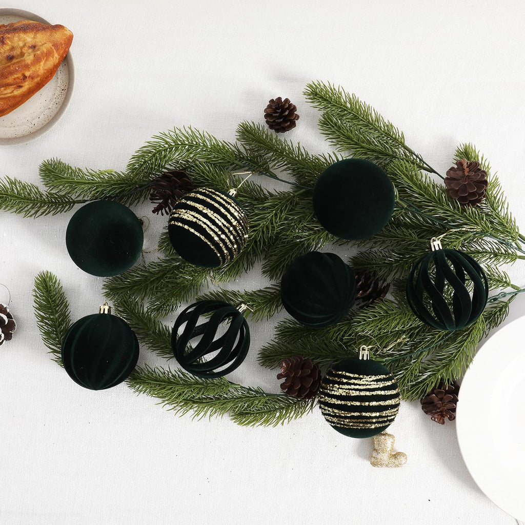 Christmas Ornaments Set of 12, 3.15" Flocked Velvet Balls with Hand Painted Designs,Emerald Green Elegant Christmas Tree Decorations in Gift Box