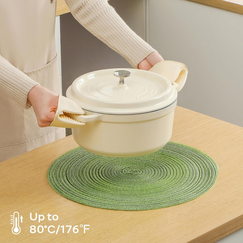 Leetaltree Round Placemats Heat and Slip Resistant Cotton Table Mats, Washable Bohemian Placemats for Dining Tables (Sage Green, Set of 12)