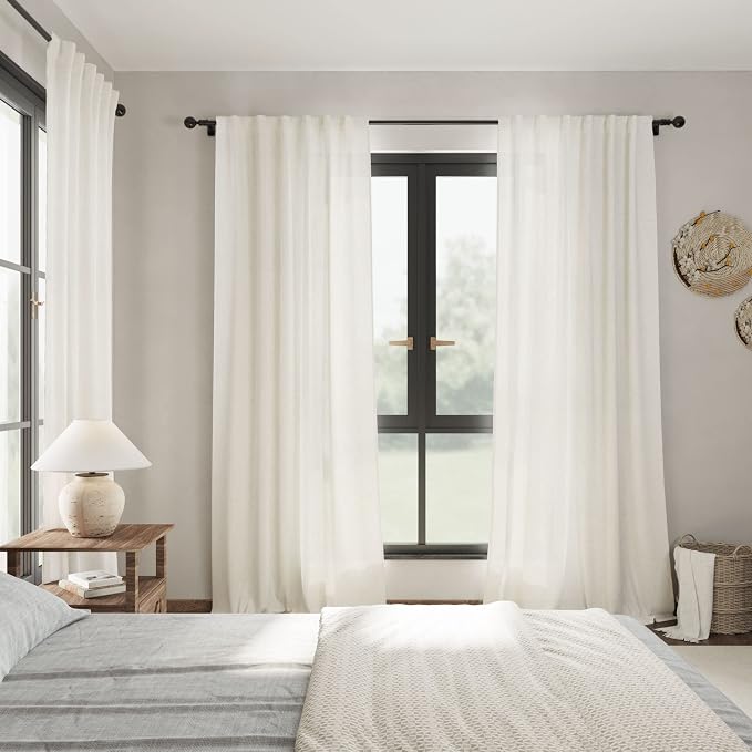 Linen Light Filtering Curtains 96 Inches Long 2 Panels Long Cream Semi Sheer - Image 7