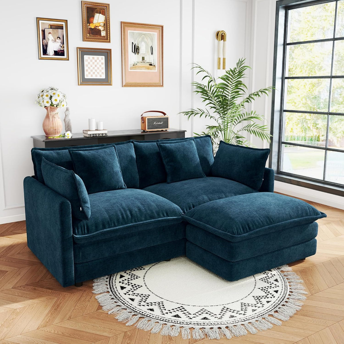 Sectional Sofa 2 Seater with Movable 1 Ottoman,Oversized Modular Couch Deep Seat (Blue, 76.7 inch-L)