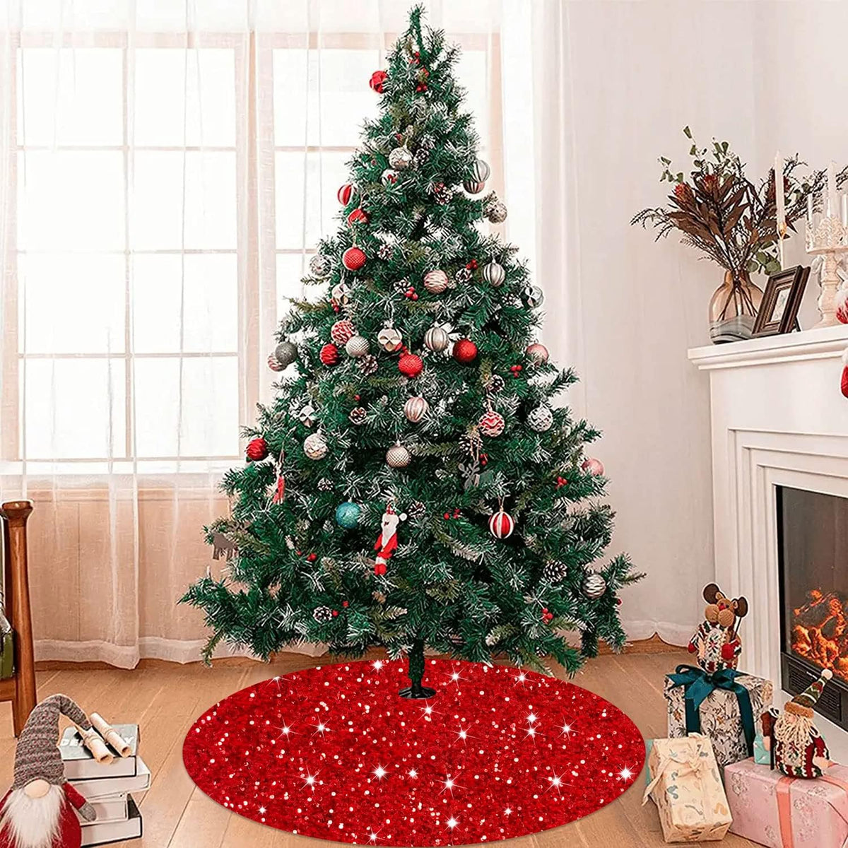 MODFUNS Red Christmas Tree Skirt Mini Glitter Tree Skirts 21 Inch Sequin Xmas Tree Skirt Thick Velvet Tree Mat Small Sparkly Tree Skirts Bling Christmas Tree Skirting Collar for Winter Holiday Decor