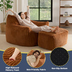 Giant Bean Bag Chairs for Adults, Oversized Chaise Lounge Chair Indoor with Memory Foam - Plush Boneless Lounger & Ottoman for Bedroom, Living Room, Gaming & Reading, Lazy Floor Sofa Chair, Orange