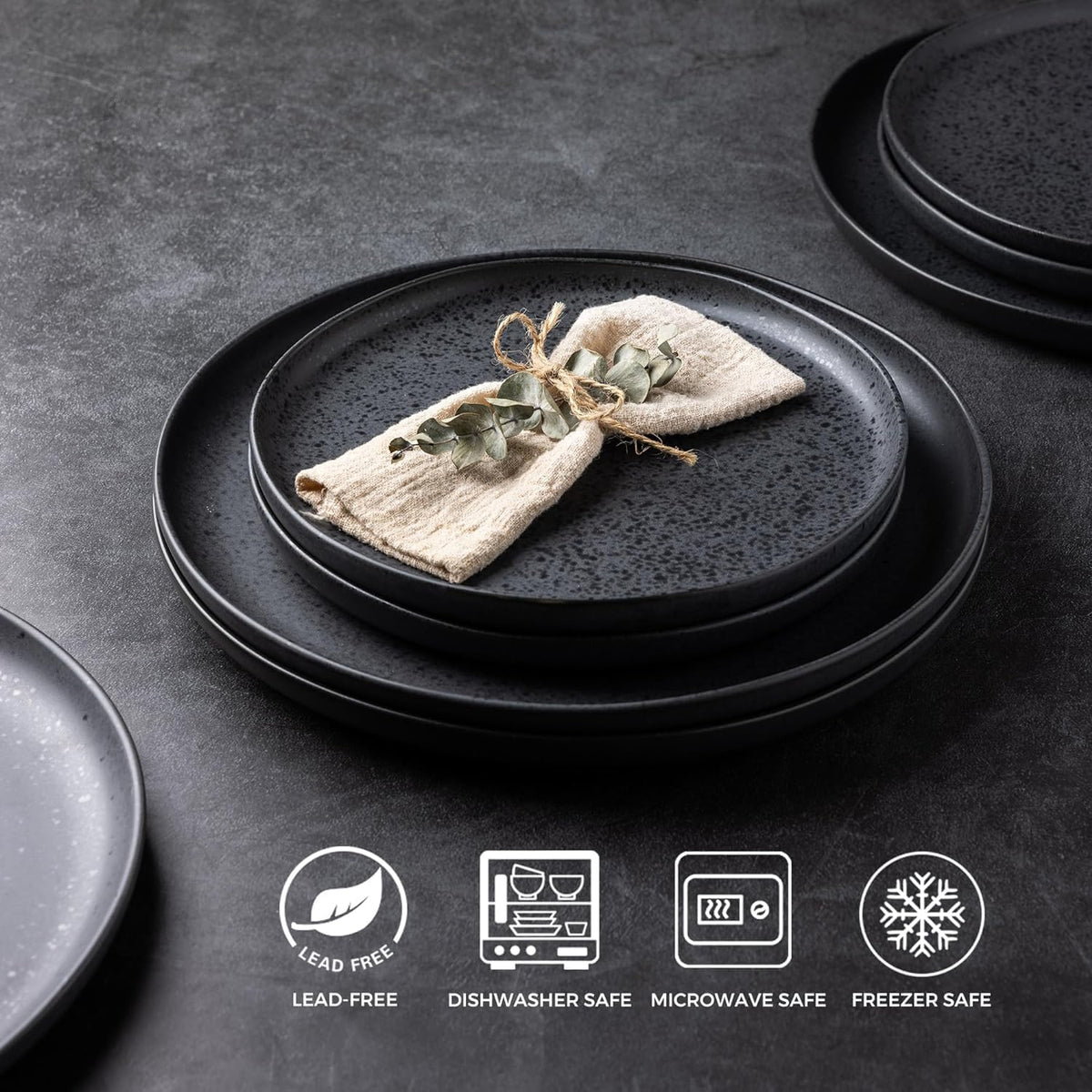 AmorArc Ceramic Dinnerware Sets, Wavy Rim Stoneware Plates and Bowls Sets, Highly Chip and Crack Resistant | Dishwasher & Microwave Dishes set, Service for 4 (12pc)-Speckled Matte Black