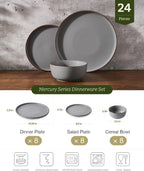 Famiware Mercury 24 Pieces Dinnerware Sets, Plates and Bowls Sets for 8, Microwave and Dishwasher Safe Dish Set, Dark Grey
