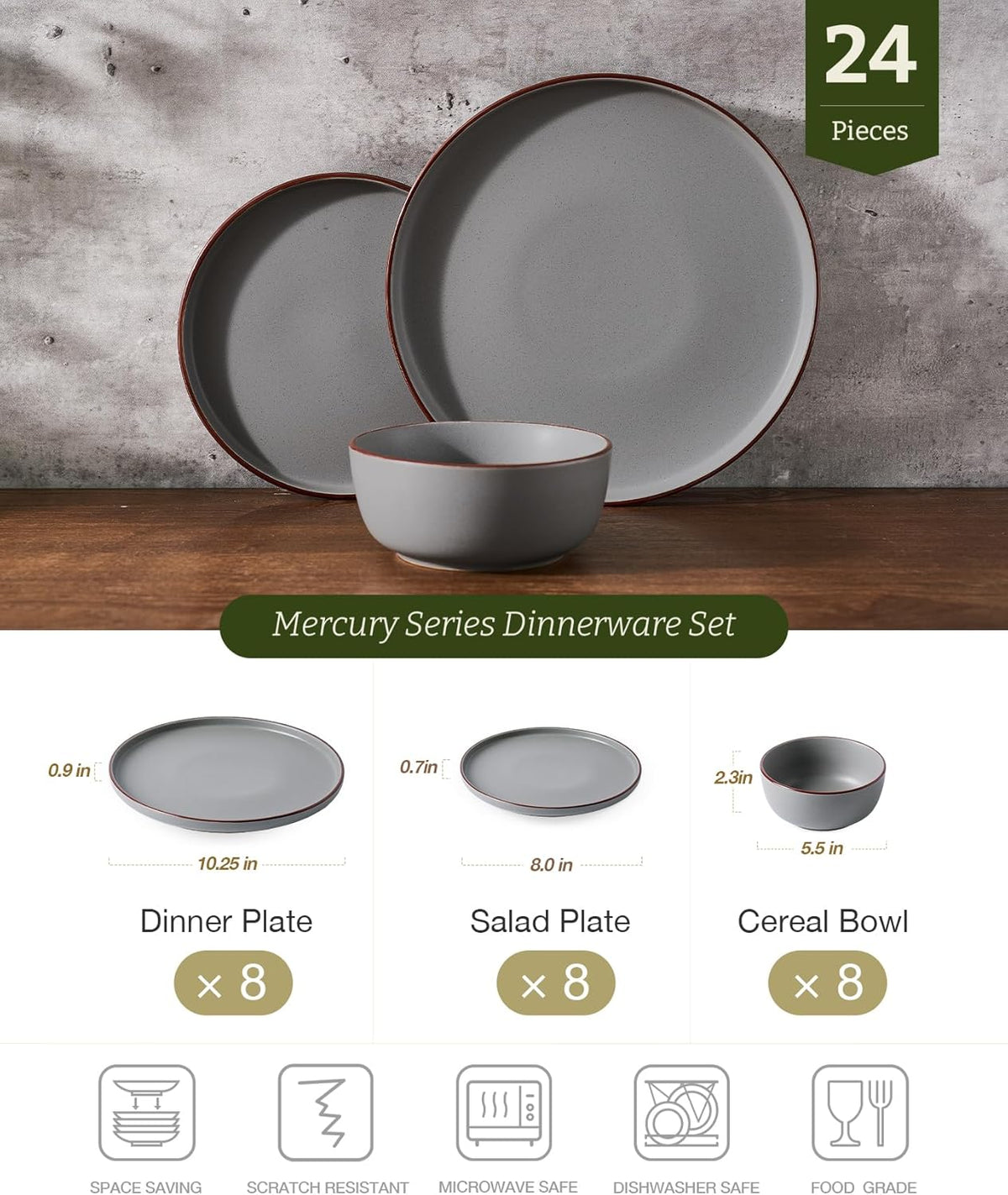 Famiware Mercury 24 Pieces Dinnerware Sets, Plates and Bowls Sets for 8, Microwave and Dishwasher Safe Dish Set, Dark Grey