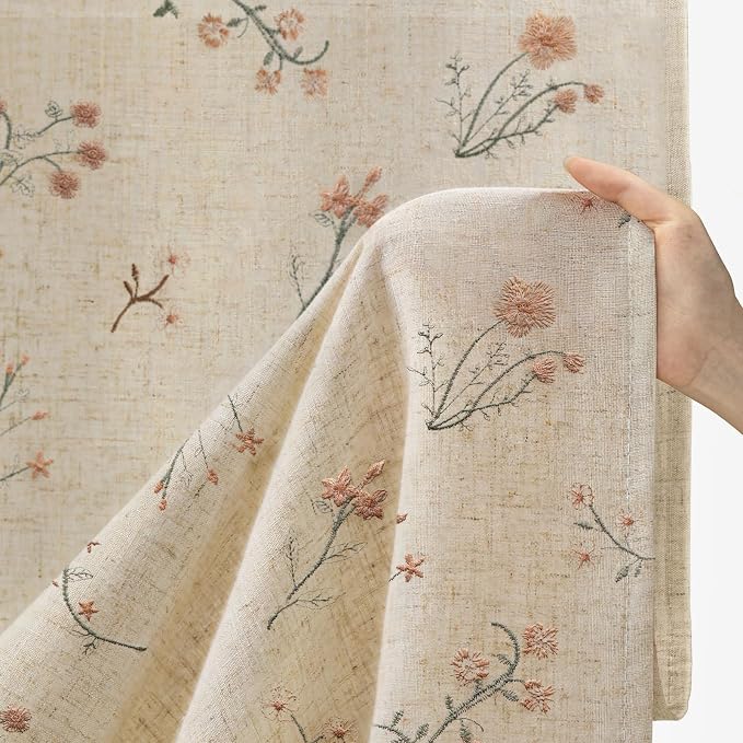 Floral Embroidered Light Filtering Curtains 84 Inch 2 Panels | Linen Blend - Image 5