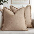 MIULEE Boho Linen Fringe Decorative Euro Throw Pillow Covers Camel 22x22 | Set by MIULEE