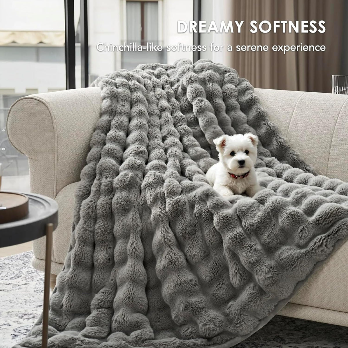 EVERGRACE Ultra Soft Luxury Fluffy Ridgeline Faux Rabbit Fur Throw Blanket, Thick Warm Bubble Throw for Bed, Cozy Plush Reversible Blankets for Couch, Chair, Sofa, Grey, 50x60 Inches, 870 GSM