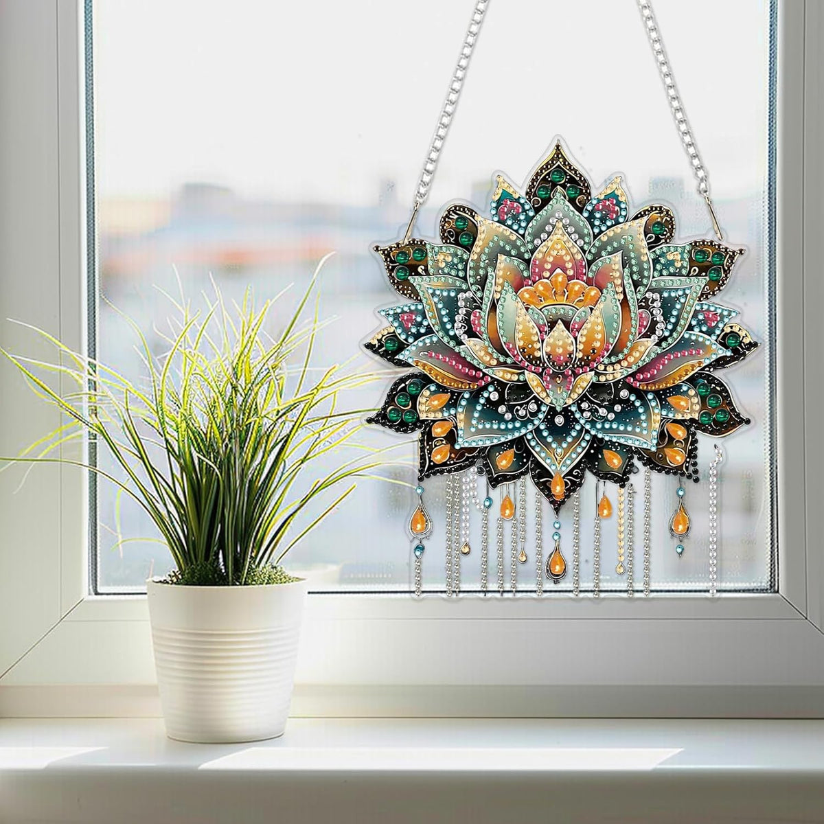 SENQAO Lotus Diamond Art Hanging Kit for Adult, Special Shaped Rhinestone, Double Sided DIY Acrylic Diamond Art Painting Window Pendants Home Garden Wall Hanging Kits Hanging Ornament