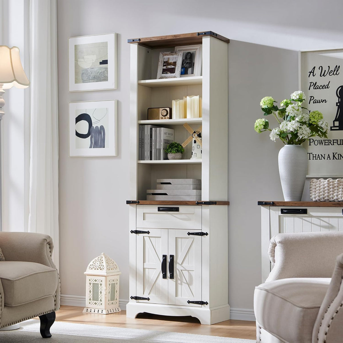 OKD 72'' Tall Bookshelf with Storage, Farmhouse 4 Tier Bookcase with Barn Door, Adjustable Shelves and Drawers, Rustic Wooden Office Bookshelves for Home Bedroom, Living Room, Library Antuique White
