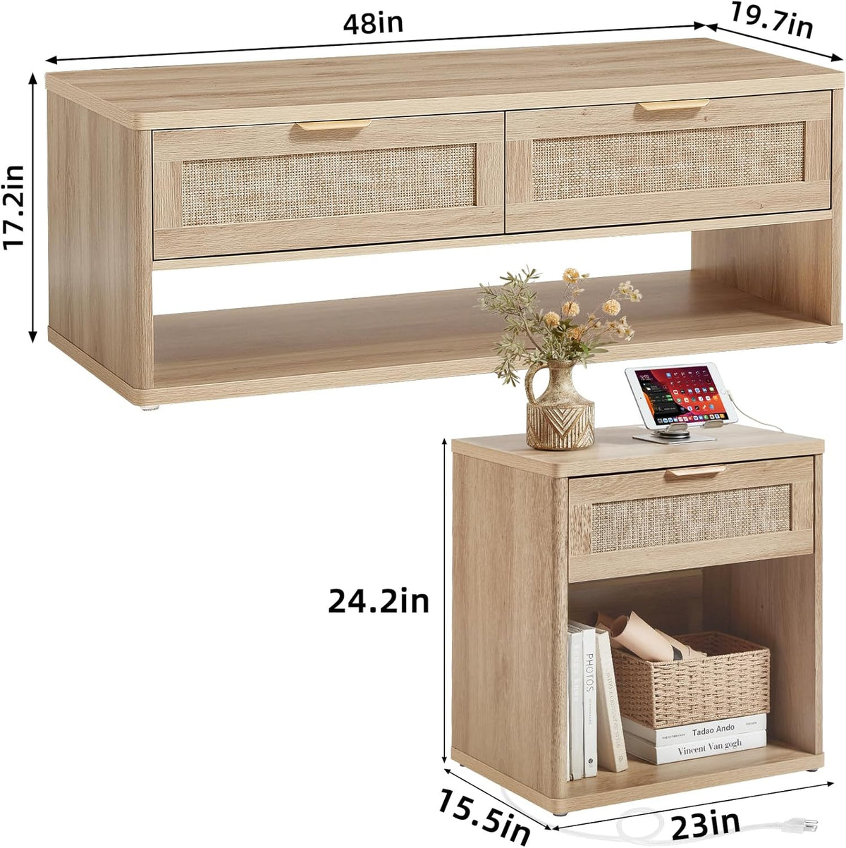 LEYAOYAO Boho Rattan Coffee Table Sets 2 Pieces, Nightstand with Charging Station and Coffee Table with Hidden Storage Compartment, Natural Living Room Table Set, Wood Furniture Sets for Home Office