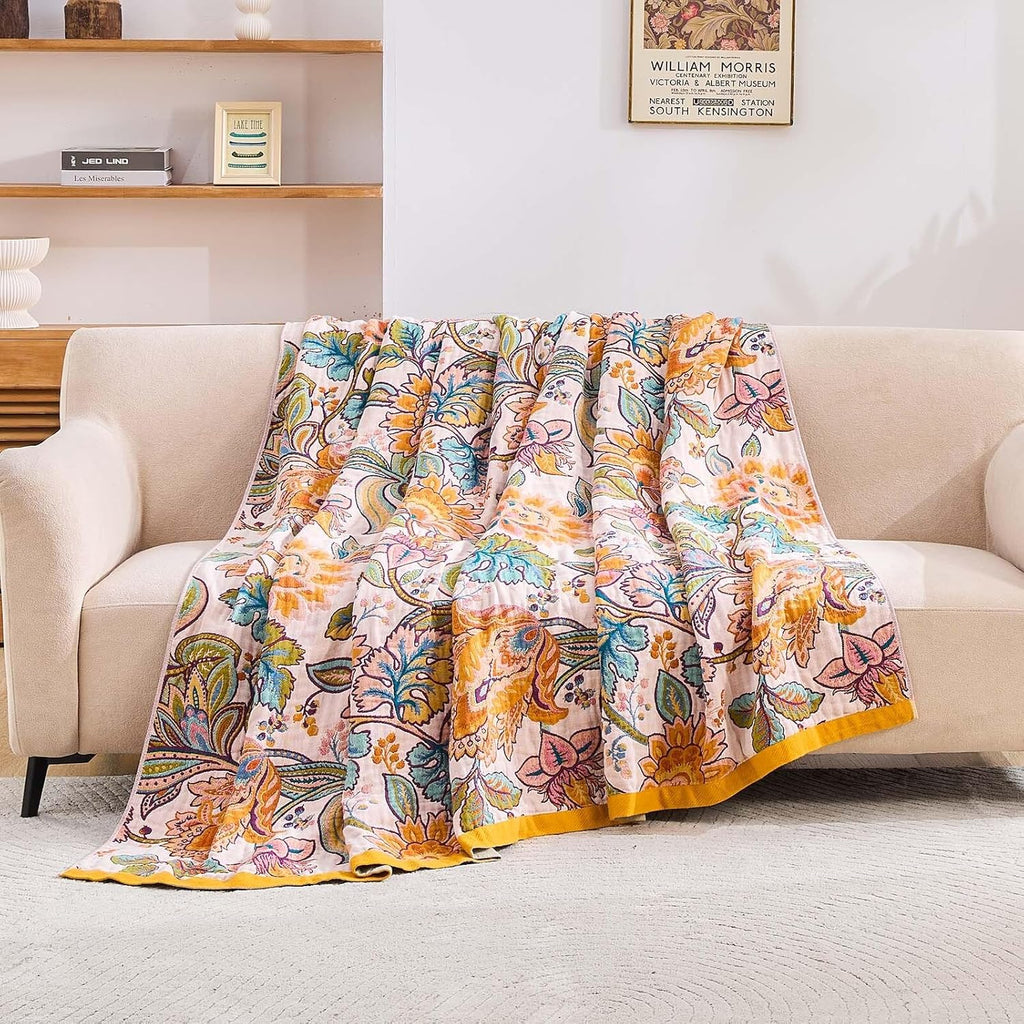 Boho Throw Blanket for Bed, 100% Cotton Soft Rustic Quilt Fall Blanket, 90"x98" Floral Printed Farmhouse Decor Bed Blankets, All Season Rustic Reversible Bohemian Throw Quilt