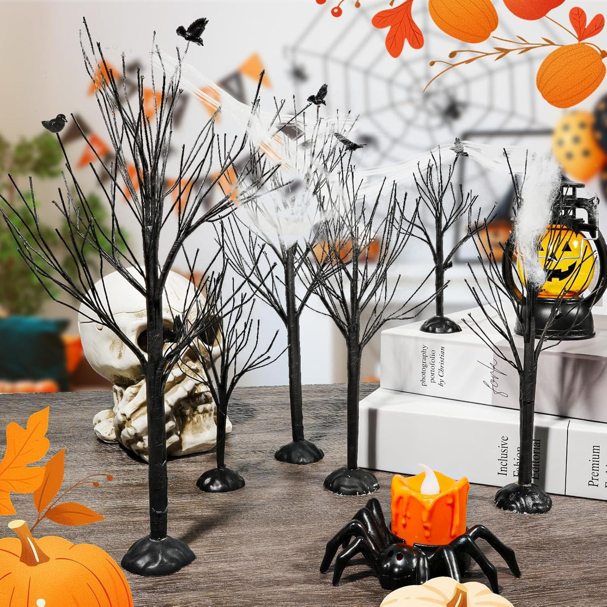 Warmtree 6 Pcs Halloween Village Trees Mini Decor Tree Artificial Tabletop Branch Trees, Halloween Village Accessories with Crows Figurine for Holiday Home Garden Office Festival Decor