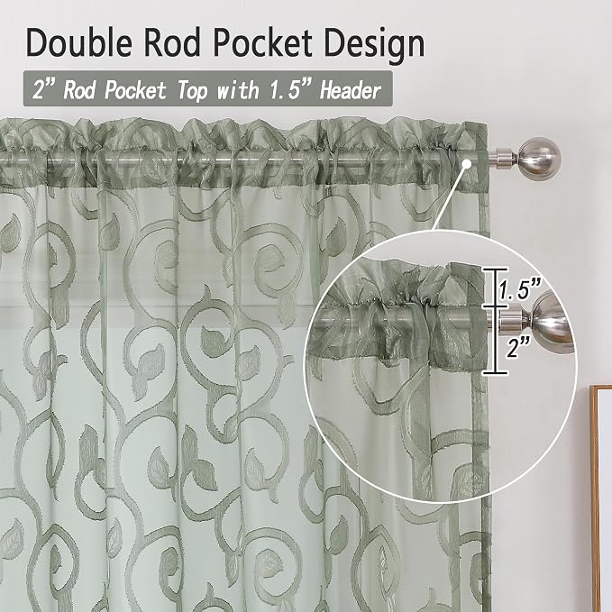 Furman Sage Green Sheer Curtains 45 Inch Length 2 Panels Set - Image 4