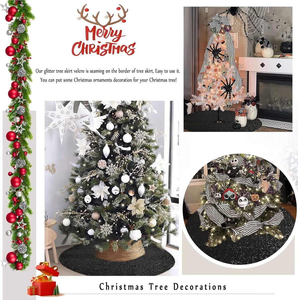 Christmas Tree Skirt Black Sequin Tree Skirt 48 Inches Xmas Tree Skirt Mat Sparkly Christmas Tree Halloween Decorations