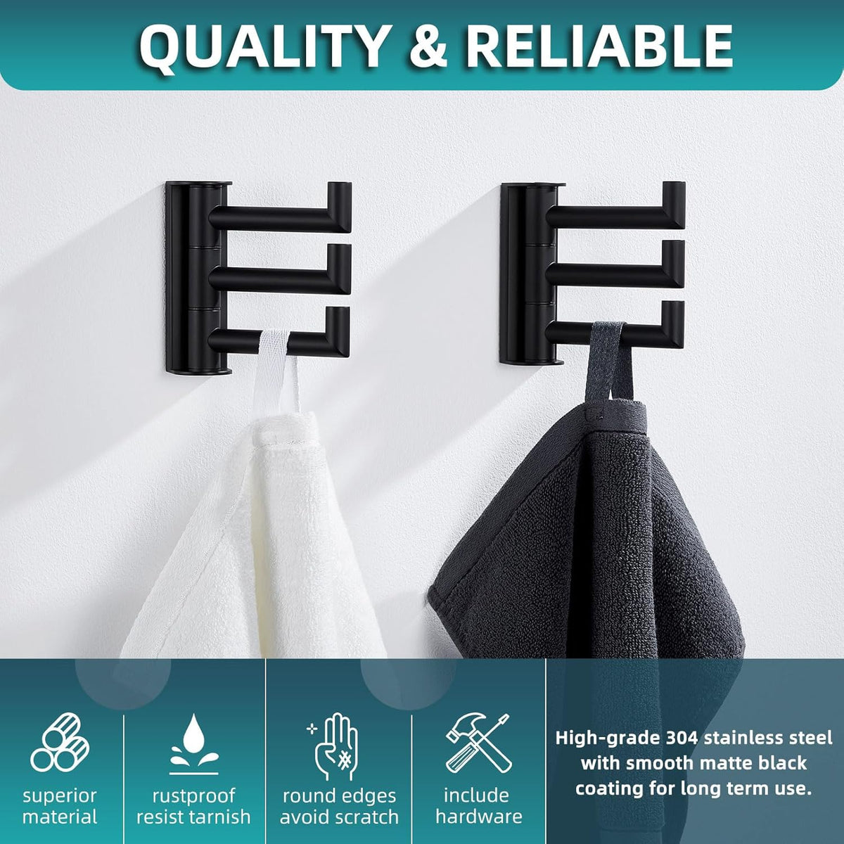Angle Simple Swivel Towel Hooks for Bathroom, SUS 304 Stainless Steel Foldable 3 Arms Robe Towel Holder, Shower Wall Coat Hooks, Matte Black, 2 Pack