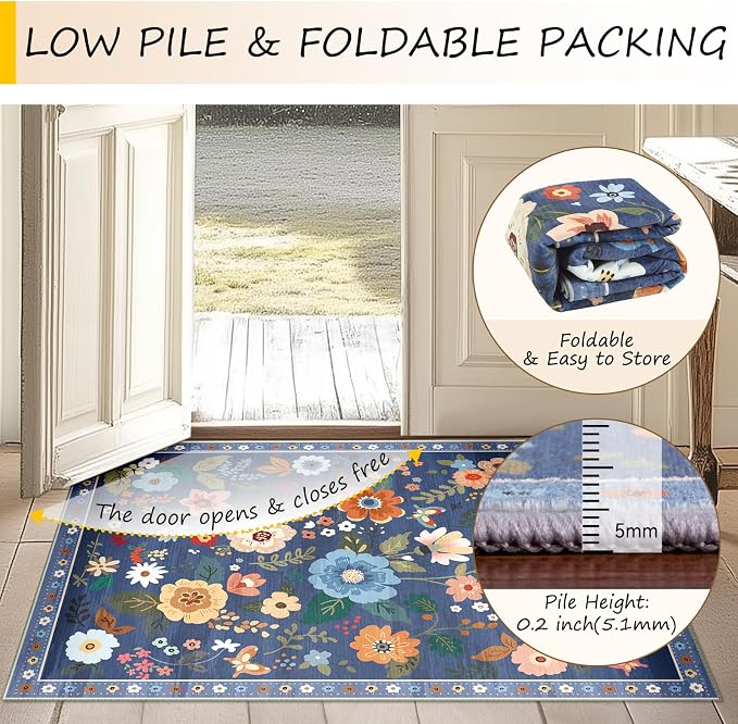 RELEANY Floral Washable Square 5ft Area Rug Blue/Grey | Flower Carpet Print - Image 4