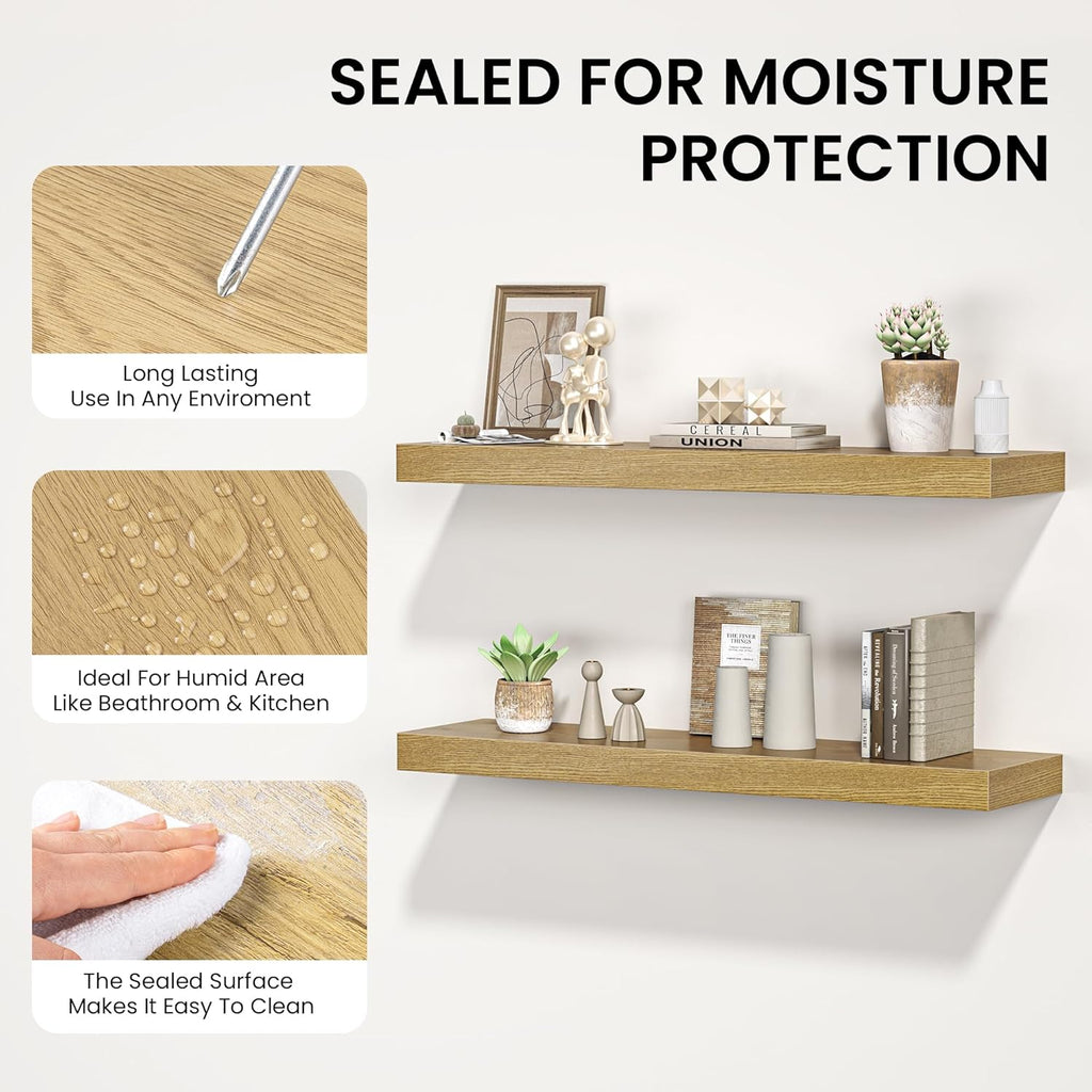 Floating Shelves for Wall, 24" W x 6.7" D x 1.5" H, Wooden Wall Mounted Display Shelves with Invisible Brackets for Living Room, Bedroom, Bathroom, Kitchen Decor and Storage, Set of 2, Oak