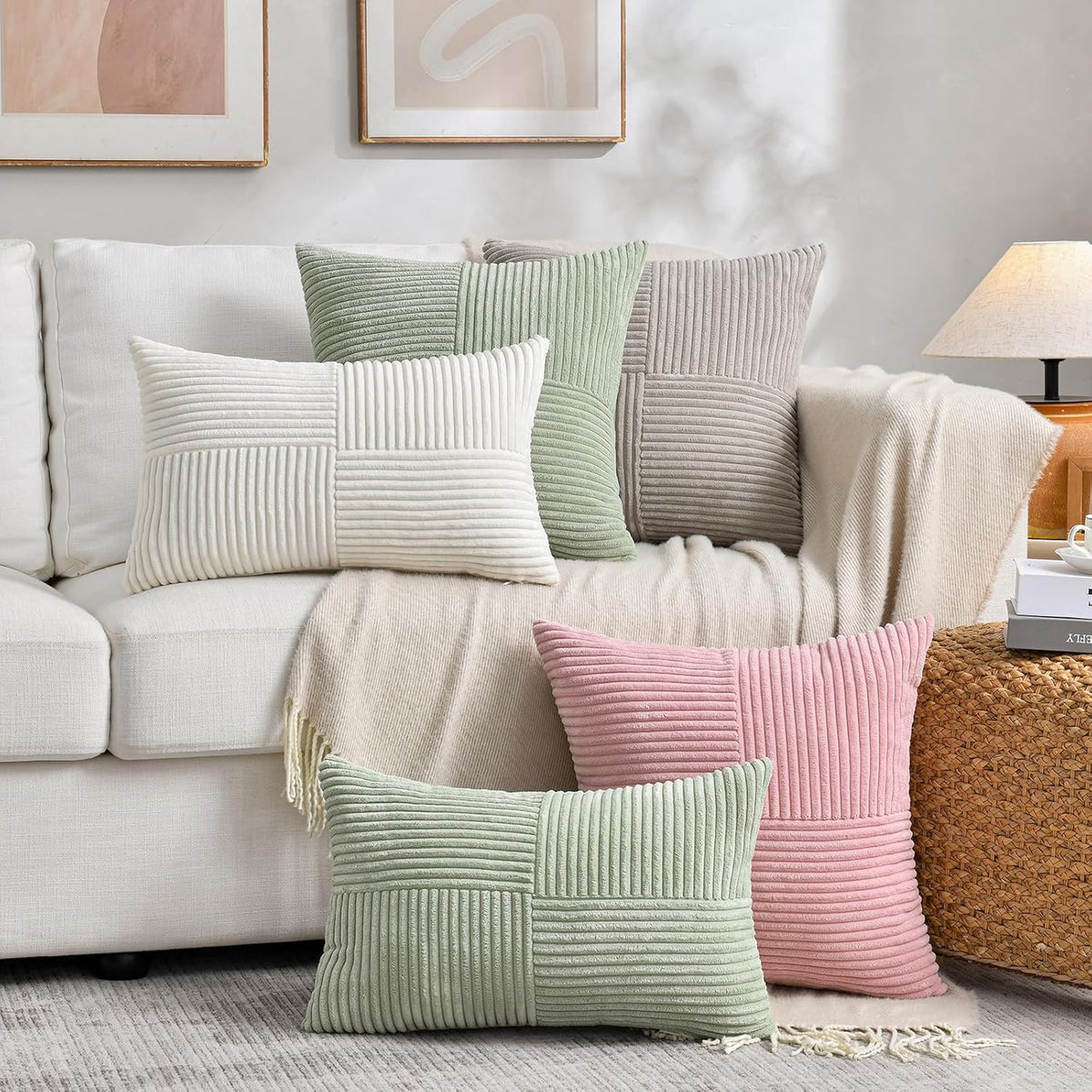 Fancy Homi 2 Packs Blush Pink Euro Decorative Throw Pillow Covers 28x28 Inch for Couch Bed Sofa, Farmhouse Boho Home Decor, Soft Corss Corduroy Patchwork Textured Square Cushion Case 71x71 cm