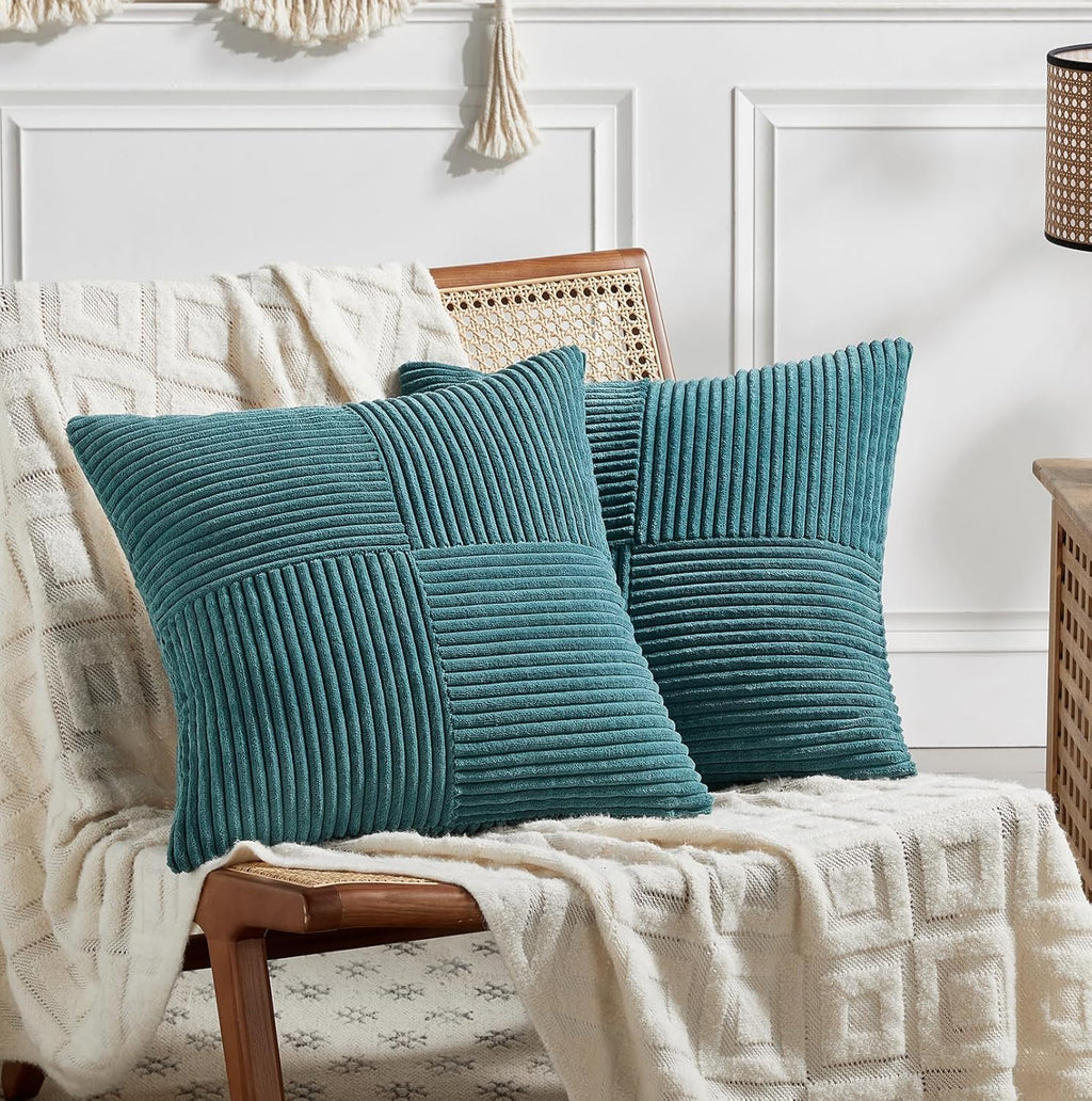 Fancy Homi 2 Packs Teal Decorative Throw Pillow Covers 20x20 Inch for Living Room Couch Bed Sofa, Rustic Farmhouse Boho Home Decor, Soft Corss Corduroy Patchwork Accent Square Cushion Case 50x50 cm